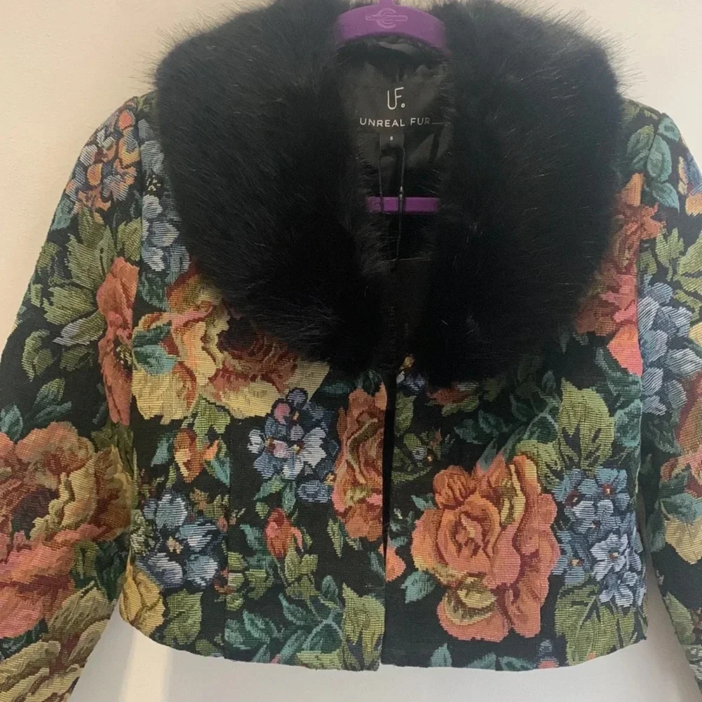 Unreal Fur Floral Jacket with Black Fur Collar - Picture 3 of 10